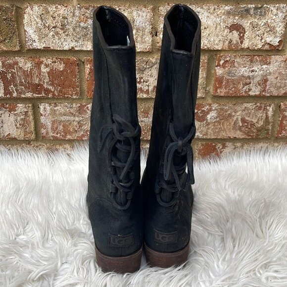 Ugg Cary Black Suede Mid Calf Boots with Leather Laced Up Backs Size 7 - Picture 4 of 7